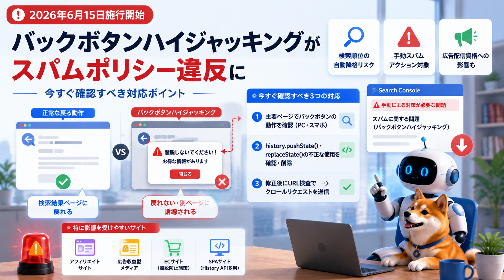Googleがバックボタンハイジャッキング対策を正式執行｜未対応サイトが今すぐ確認すべきこと