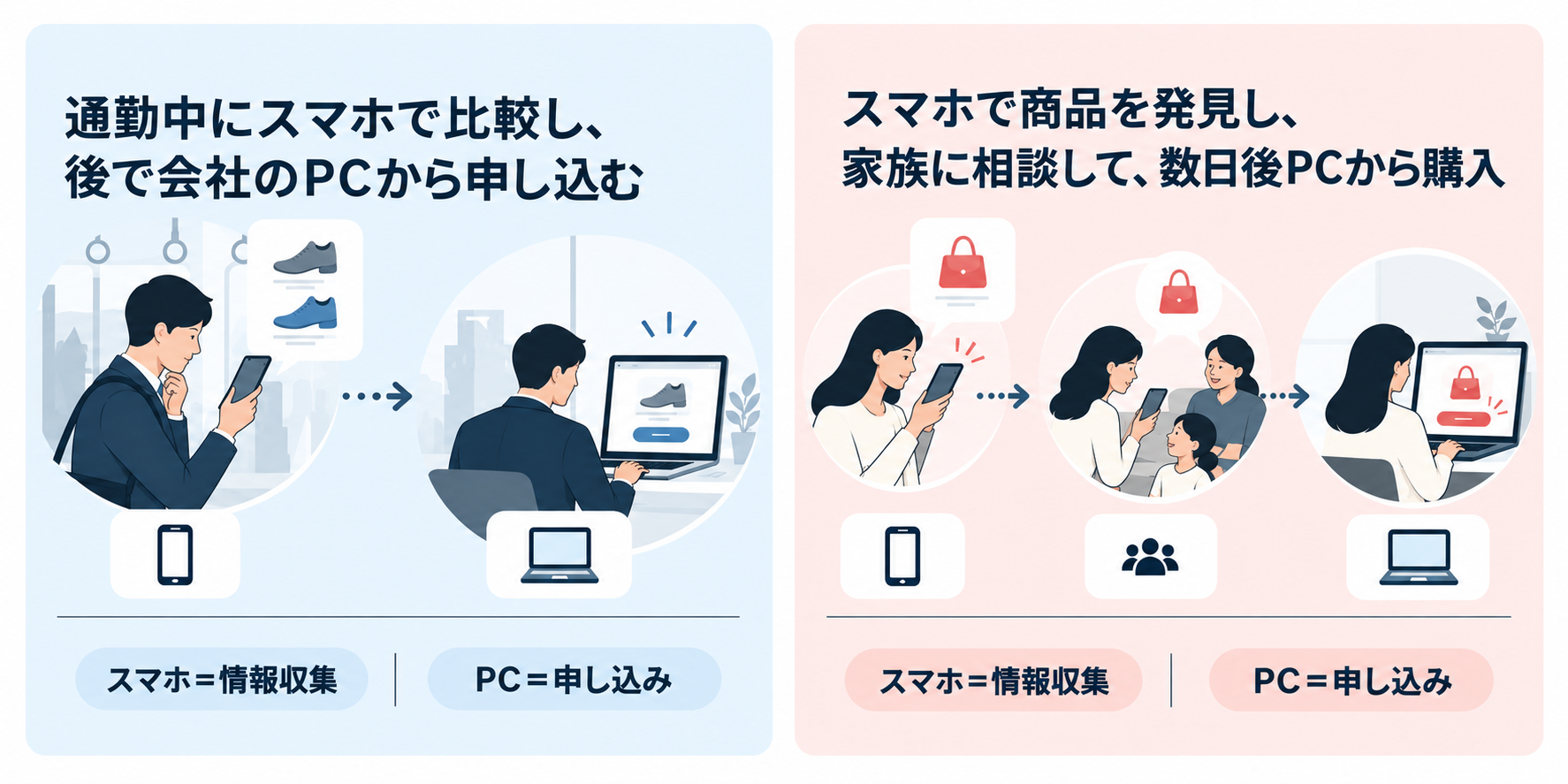 スマホで情報収集し、時間やデバイスをまたいでPCから申し込むユーザー行動の例