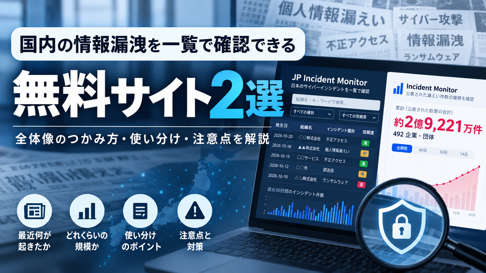 情報漏洩のニュースが多すぎてわからない人へ。国内の漏えい事案を一覧できる無料サイト2選【2026年版】アイキャッチ