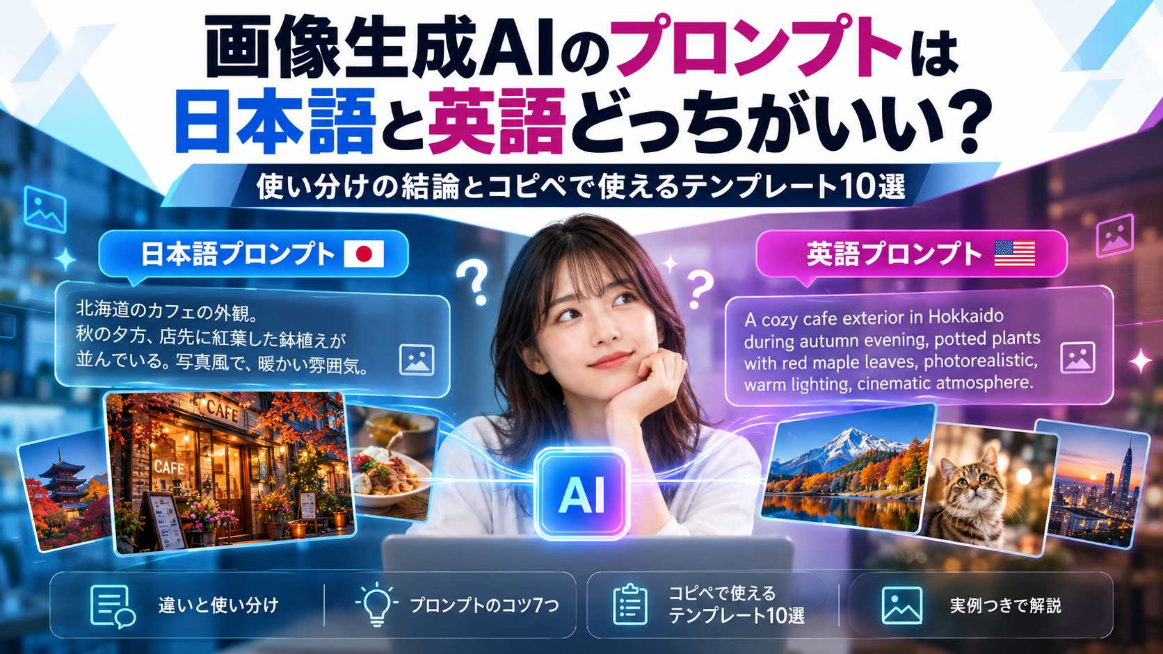 画像生成AIのプロンプトは英語と日本語どっちがいい？使い分けの結論とコピペで使えるテンプレート10選アイキャッチ