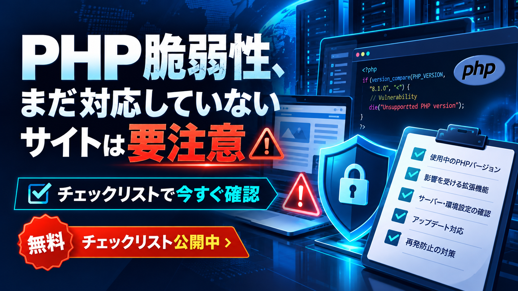 【10/22最新】PHP脆弱性、まだ対応していないサイトは要注意｜チェックリストで今すぐ確認アイキャッチ画像